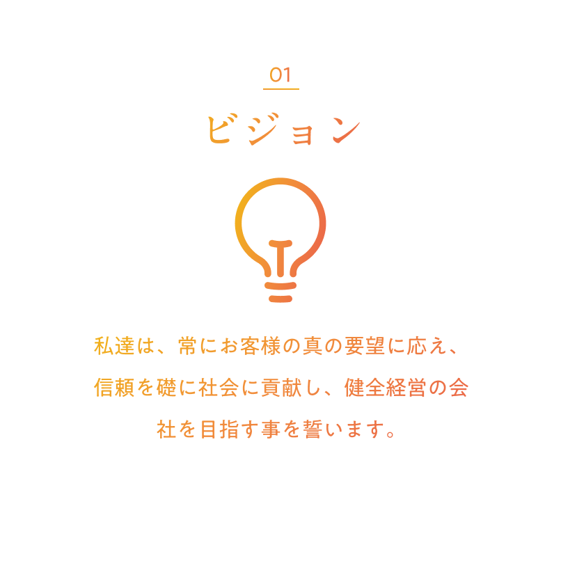 01 ビジョン 私達は、常にお客様の真の要望に応え、信頼を礎に社会に貢献し、健全経営の会社を目指す事を誓います。