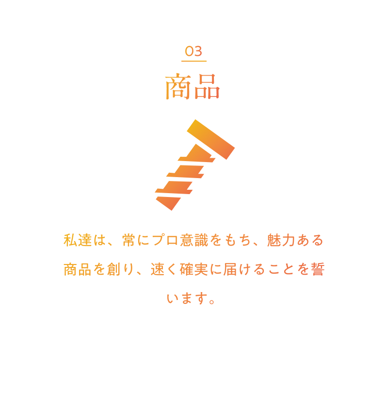 03 商品 私達は、常にプロ意識をもち、魅力ある商品を創り、速く確実に届けることを誓います。