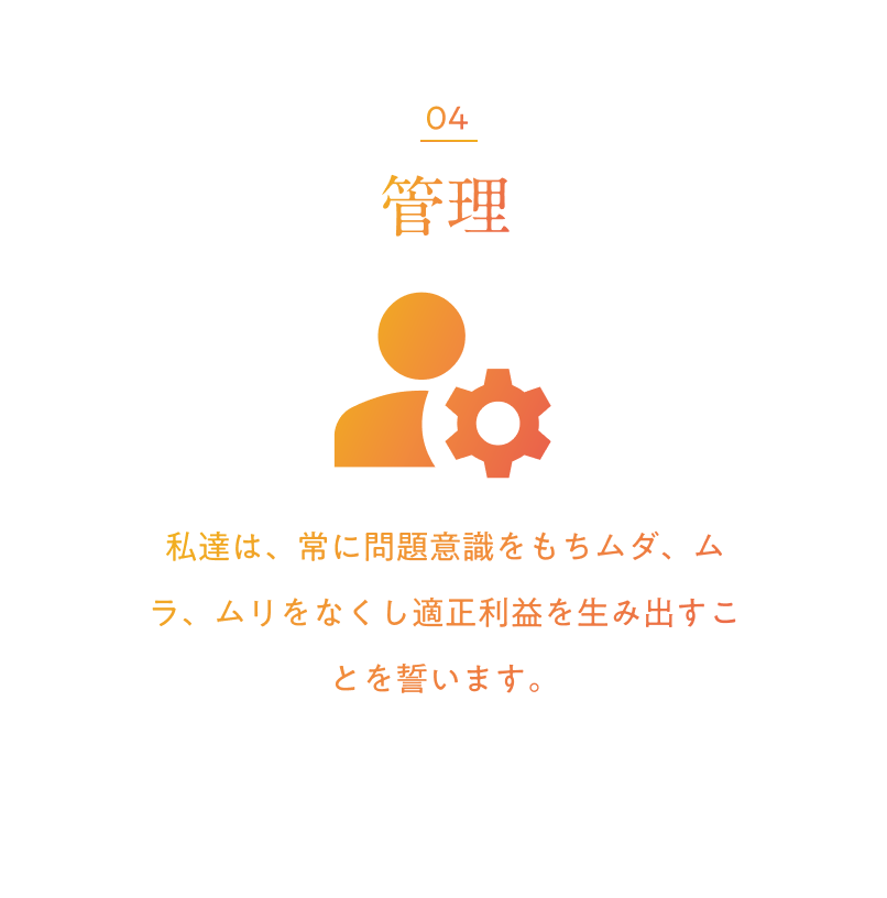 04 管理 私達は、常に問題意識をもちムダ、ムラ、ムリをなくし適正利益を生み出すことを誓います。